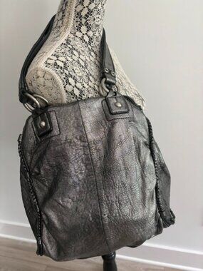 Silver/black Etienne Aigner Distressed Shoulder Bag